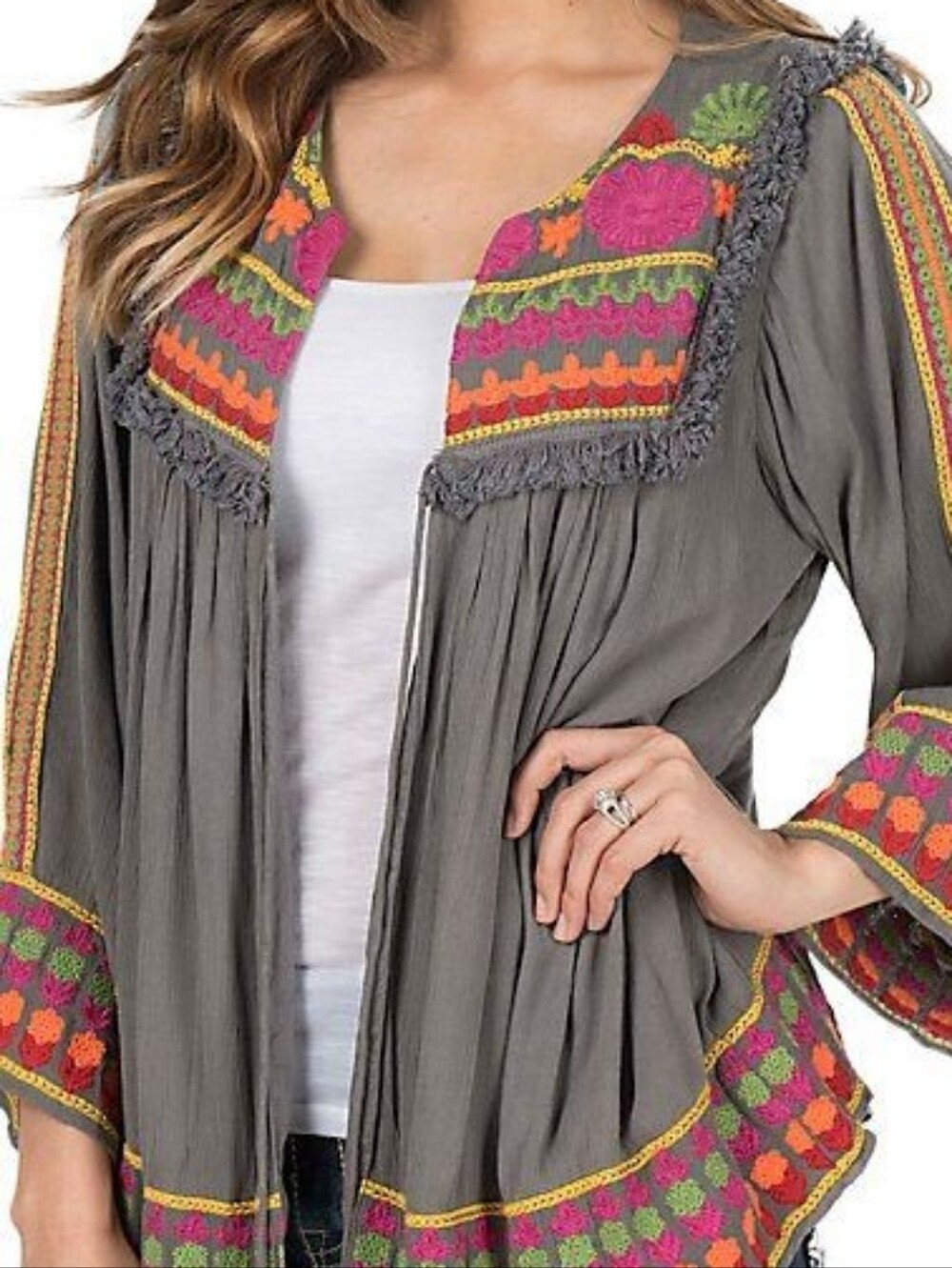 Ivy Jane Gray Boho Tunic with Pink, Orange & Green Embroidery
